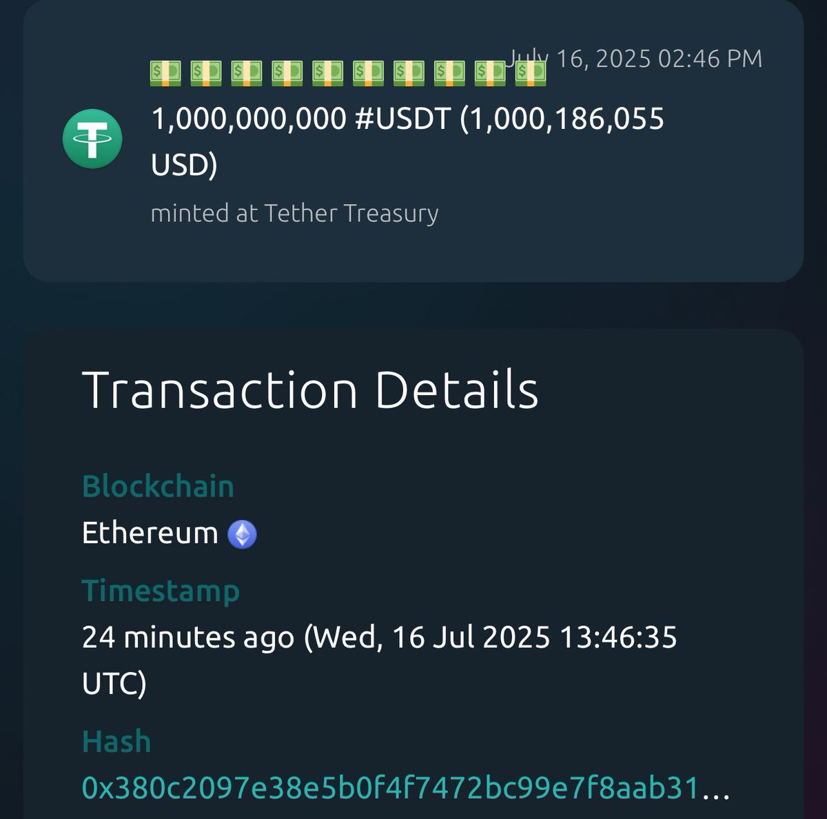 Another $1,000,000,000 USDT has just been printed out of thin air to artificially prop up Bitcoin’s price. That’s now over $4B this week alone! 

Tether is going all in to pump the ponzi before they get shut down by regulations this week. The impending crash will be magnificent.
