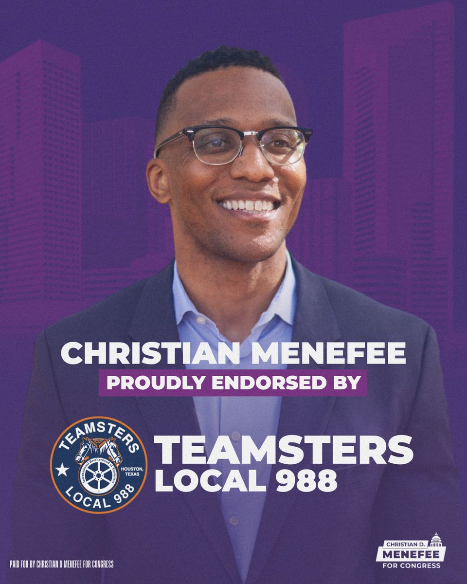 CDMenefee's tweet image. The Teamsters don’t just move Houston, they help keep this city running.
I’m proud to have the endorsement of Teamsters Local 988 and to stand with the workers who fight for fair pay, dignity on the job, and the right to organize.
