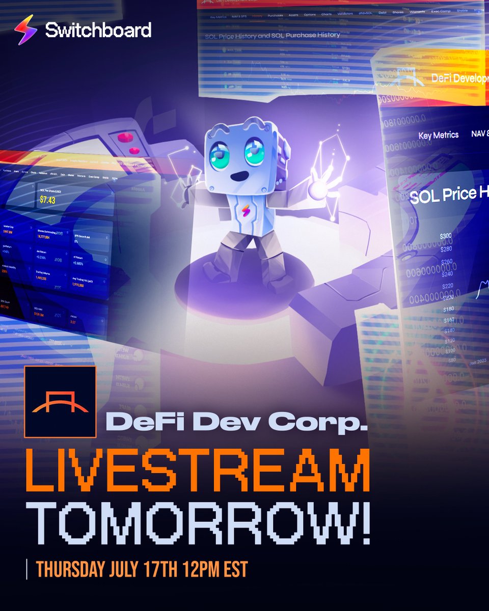 switchboardxyz's tweet image. 📺 Livestream time 📺
🕛 Tomorrow 12:00AM EST
We’re going live with @defidevcorp to talk Solana, $SOL, RWAs, TradFi’s DeFi moves, and the data that makes it all run smoothly.
⚡️ @hermidao1 from @switchboardxyz
🔸 @TheOtherParker_ from @defidevcorp
Plug in.
