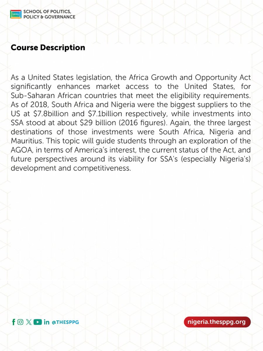 TheSPPG's tweet image. #TodayAtTheSPPG
Join H.E. Rosa Whitaker for: EGP 304 -4
Africa Growth and Opportunity Act: A Leading Trade Preference for Africa
This course explores the Africa Growth and Opportunity Act (AGOA) as a U.S. trade policy tool, examining its impact, current status, and future…