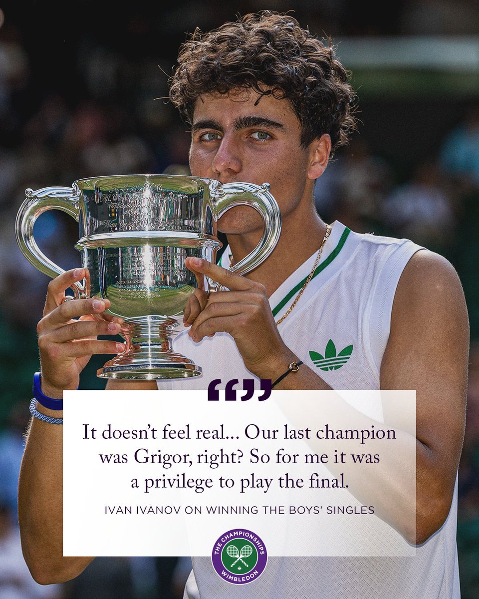 Wimbledon's tweet image. Ivan Ivanov 🤝 Grigor Dimitrov
The 16-year-old Bulgarian followed in Dimitrov's footsteps from 2008 by winning the Boys' Singles Trophy 🇧🇬