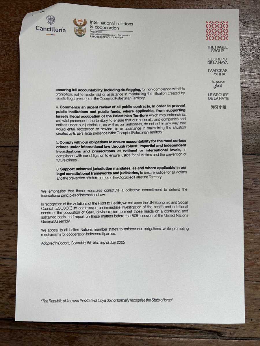 BREAKING: Hague Group member states announce:
- full embargo on weapons to Israel
- blocking ships carrying weapons to Israel from docking at ports 
-ending contracts that support Israeli occupation 
-supporting prosecutions of Israeli criminals at national &amp; international levels
