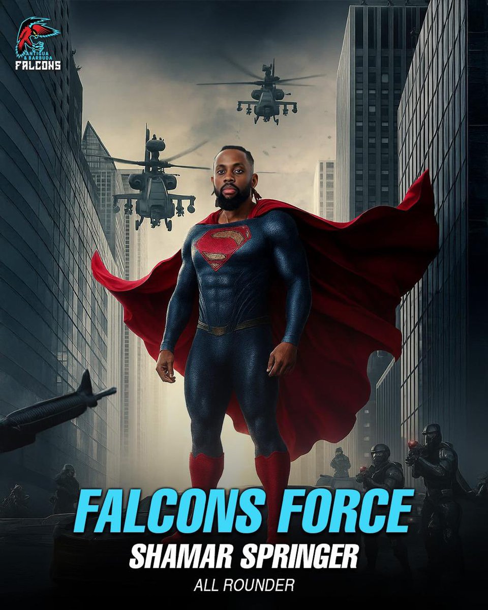 AntiguaFalcons's tweet photo. Meet Shamar Springer.
Superpowers: All-round skills, match-turning energy & Falcons Force. 🔥
#AntiguaAndBarbudaFalcons #AntiguaFalcons #FalconsForce #ShamarSpringer https://t.co/1RfCqVplEB