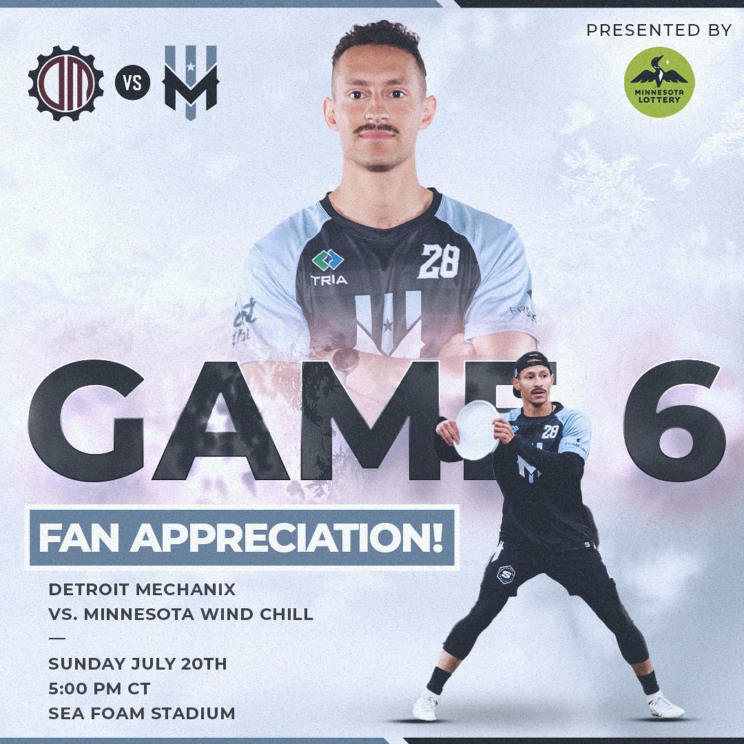 Fan Appreciation Night this Sunday! 🥏

Come out and join us for our regular season finale! All fans age 18+ in attendance will receive a $1 Scratch Ticket courtesy of our presenting sponsor Minnesota Lottery!