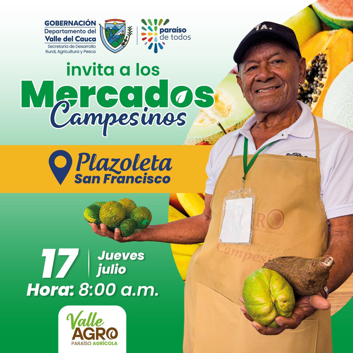 SecAgriculturaValle (@valle_agro) on Twitter photo Este jueves 17 de julio te esperamos en el "Mercado Campesino" de la <a href="/GobValle/">Gobernación Valle del Cauca</a> en la Plazoleta de San Francisco, en Cali. Desde las 8:00a.m. lo mejor del campo vallecaucano llega a la ciudad. Este jueves 17 de julio te esperamos en el "Mercado Campesino" de la <a href="/GobValle/">Gobernación Valle del Cauca</a> en la Plazoleta de San Francisco, en Cali. Desde las 8:00a.m. lo mejor del campo vallecaucano llega a la ciudad.