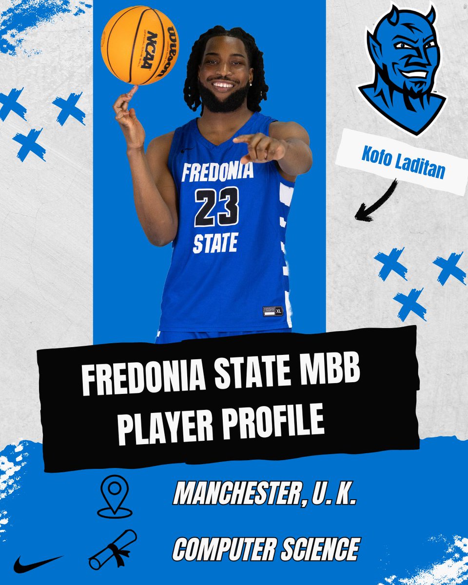FredoniaSt_MBB's tweet image. Next up on our player profile series is senior forward Kofo Laditan! 🔵😈🏀