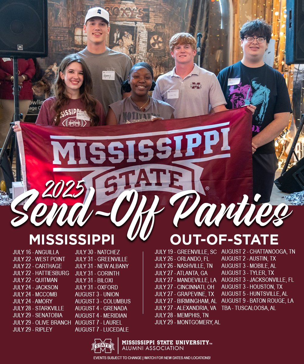 MSStateAlumni's tweet image. The 2025 send-off party season kicks off TODAY in the Delta! 🎉
Whether you’re an incoming student or proud alum, click below and RSVP to the party nearest you.
🔗 alumni.msstate.edu/sendoff