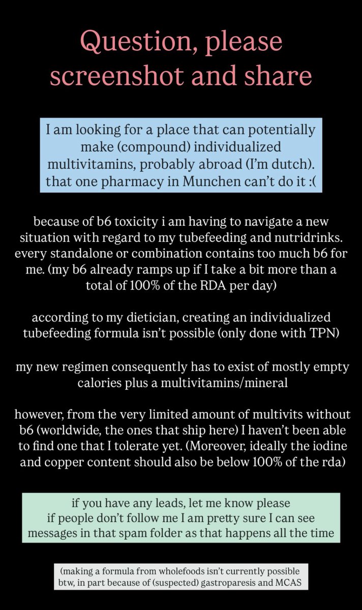 guustweet's tweet image. Can anyone help this community member? #MECFS #SevereME
This person is looking for a place that can compound custom multivitamins without B6 (and ideally low iodine/copper) due to B6 toxicity + tube feeding. Any leads welcome!