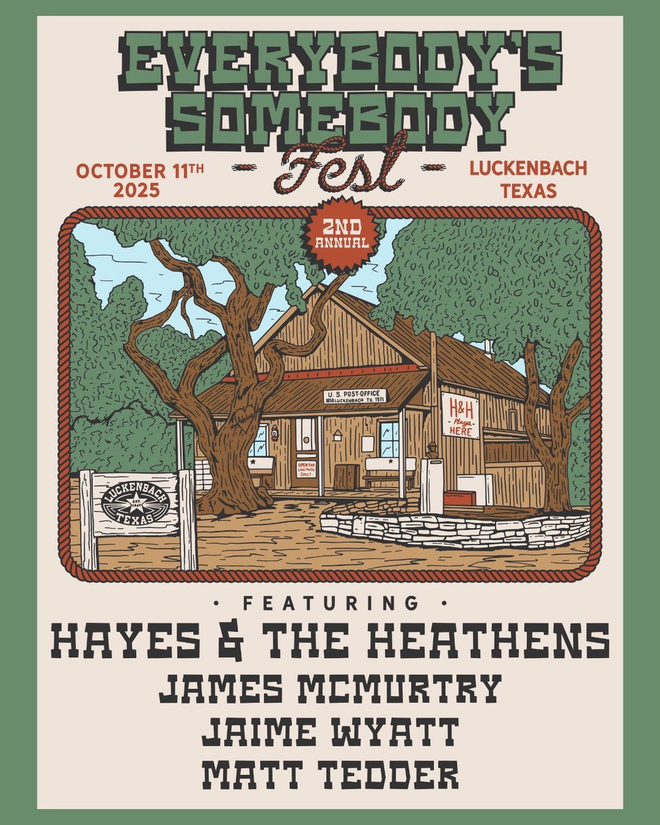 Happy to share the lineup for the 2nd Annual Everybody’s Somebody Fest in Luckenbach Texas— happening Saturday, October 11th, 2025.
Tickets go on sale this Friday, July 18 at 10am CT - if you're the planning type.  bit.ly/3Iva432

#EverybodysSomebody #LuckenbachTexas