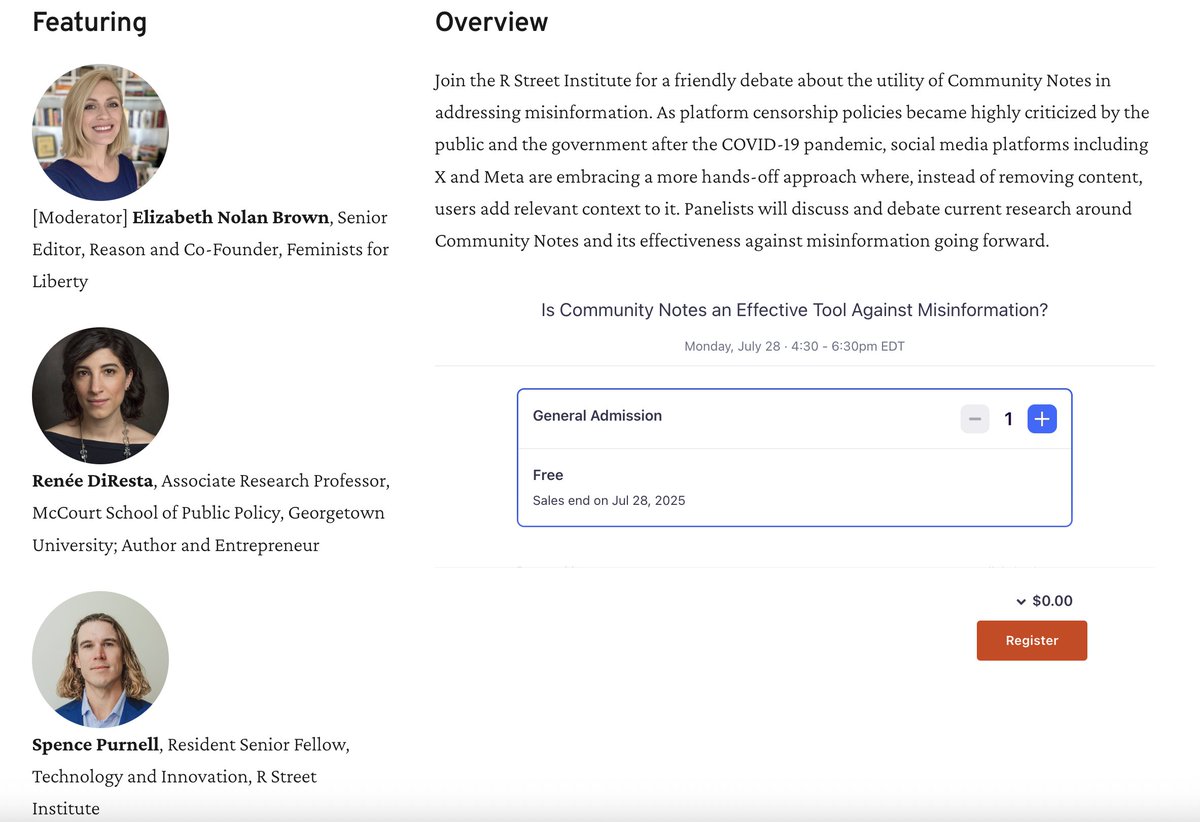 R Street Institute (@rsi) on Twitter photo 📆 July 28 in DC: We host: Is Community Notes an Effective Tool Against Misinformation?
With <a href="/ENBrown/">Elizabeth Nolan Brown</a> <a href="/reason/">reason</a>, <a href="/noUpside/">Renee DiResta</a> <a href="/Georgetown/">Georgetown University</a>, our <a href="/SpenceKjell/">Spence Purnell</a> 📆 July 28 in DC: We host: Is Community Notes an Effective Tool Against Misinformation?
With <a href="/ENBrown/">Elizabeth Nolan Brown</a> <a href="/reason/">reason</a>, <a href="/noUpside/">Renee DiResta</a> <a href="/Georgetown/">Georgetown University</a>, our <a href="/SpenceKjell/">Spence Purnell</a>
