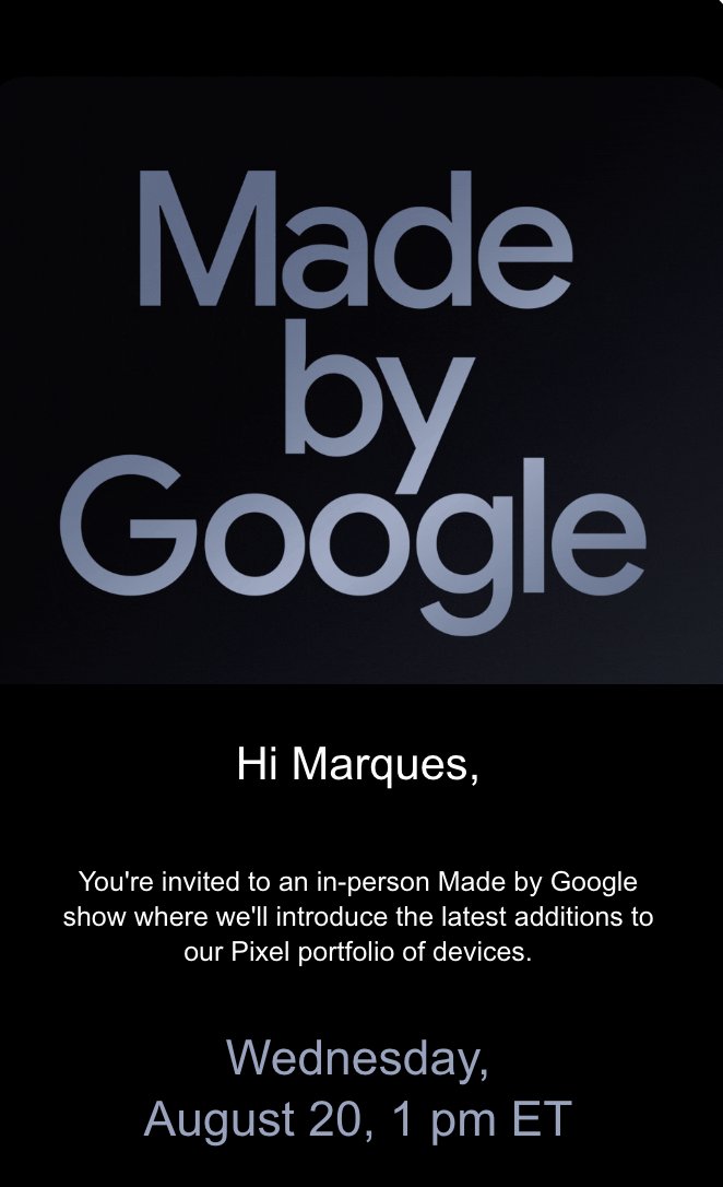 MKBHD's tweet image. New Made by Google (Pixel) event officially August 20th