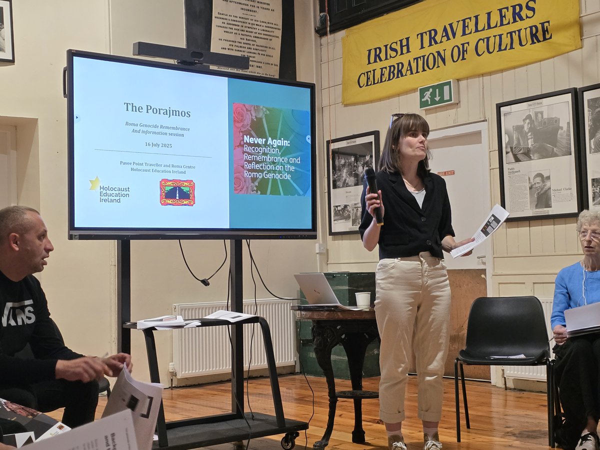 PaveePoint's tweet image. 'The Holocaust did not begin with gas chambers and crematoria, it began with hate speech, rumours, spitting, taunting, bullying, name-calling, nasty images, physical attacks."
Lynn Jackson of Holocaust Education Ireland, speaking at Pavee Point in advance of Dikh He Na Bister.