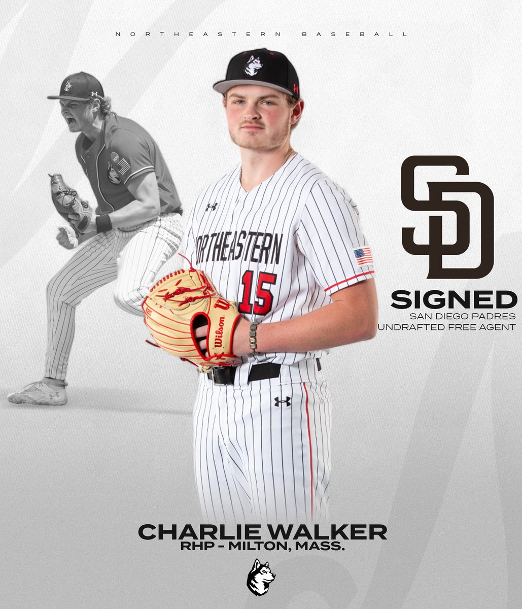 GoNUbaseball's tweet photo. A couple more Huskies are headed to the pros👀

One of the best relievers in the country this season, Charlie Walker has signed with the Padres!

He finishes his Northeastern career with the seventh-best career ERA in program history (2.24) 💪 

Congrats, Chuck! https://t.co/BRt3LbFhvL