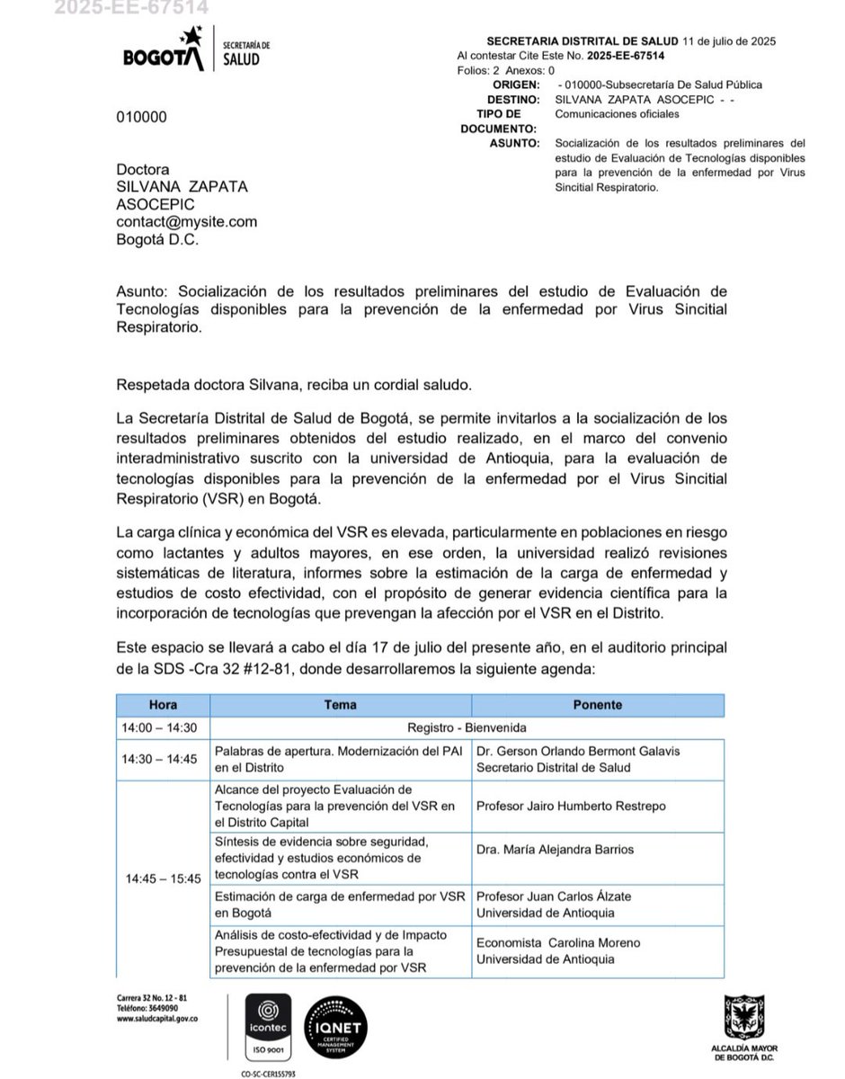 Asociación de Epidemiología de Colombia (@asocepic) on Twitter photo 🤝 Agradecemos a <a href="/SectorSalud/">Secretaría Distrital de Salud</a> por la invitación a la socialización del estudio sobre tecnologías para la prevención del VSR en Bogotá.
💡 La evidencia científica y el trabajo conjunto son clave para avanzar en salud pública. ¡Nos vemos el 17 de julio!
#Epidemiología #VSR 🤝 Agradecemos a <a href="/SectorSalud/">Secretaría Distrital de Salud</a> por la invitación a la socialización del estudio sobre tecnologías para la prevención del VSR en Bogotá.
💡 La evidencia científica y el trabajo conjunto son clave para avanzar en salud pública. ¡Nos vemos el 17 de julio!
#Epidemiología #VSR