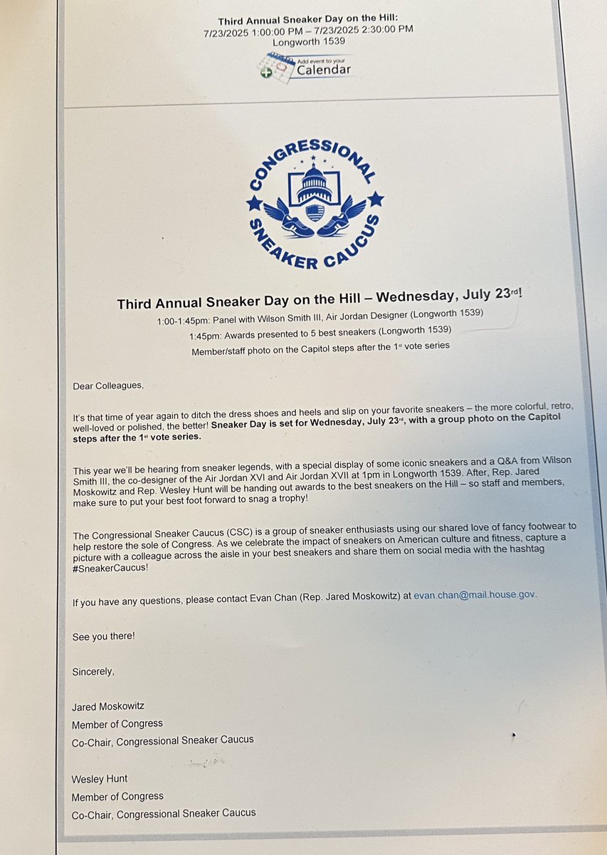 lauren_greennn's tweet image. Hill fashion news: Sneaker Day has been moved to Wednesday, July 23, with a group photo on the steps after the first vote series and an event at 1 p.m. in Longworth.
Co-Chairs @RepMoskowitz and @WesleyHuntTX will be hosting and handing out awards for best sneakers.