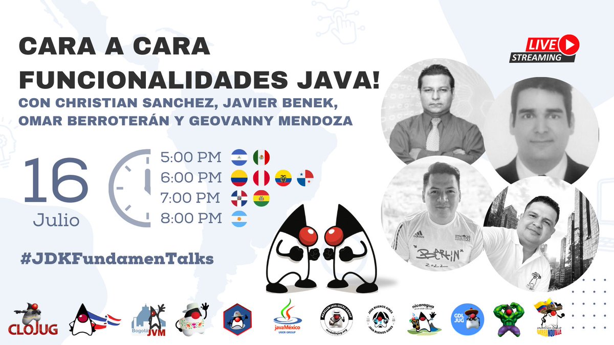 Barranquilla JUG 🇨🇴 (@jugbaq) on Twitter photo 🔴 #JDKFundamenTalks – ¡HOY! Cara a cara de funcionalidades Java con <a href="/christiansq2020/">christian sanchez quiroga</a>, <a href="/_benek/">Javier Benek</a>, <a href="/berroteranlkf/">Omar Berroterán (Nadie)</a> y <a href="/geovannycode/">Geovanny Mendoza 🇨🇴</a> .
🕔 5PM (🇳🇮🇲🇽)
🕕 6PM (🇨🇴🇵🇪🇪🇨🇵🇦)
🕖 7PM (🇩🇴🇧🇴)
🕗 8PM (🇦🇷)
👉 ¡Conéctate ahora! youtu.be/dxIhjqsNqSg
#Java #FunctionalProgramming 🔴 #JDKFundamenTalks – ¡HOY! Cara a cara de funcionalidades Java con <a href="/christiansq2020/">christian sanchez quiroga</a>, <a href="/_benek/">Javier Benek</a>, <a href="/berroteranlkf/">Omar Berroterán (Nadie)</a> y <a href="/geovannycode/">Geovanny Mendoza 🇨🇴</a> .
🕔 5PM (🇳🇮🇲🇽)
🕕 6PM (🇨🇴🇵🇪🇪🇨🇵🇦)
🕖 7PM (🇩🇴🇧🇴)
🕗 8PM (🇦🇷)
👉 ¡Conéctate ahora! youtu.be/dxIhjqsNqSg
#Java #FunctionalProgramming