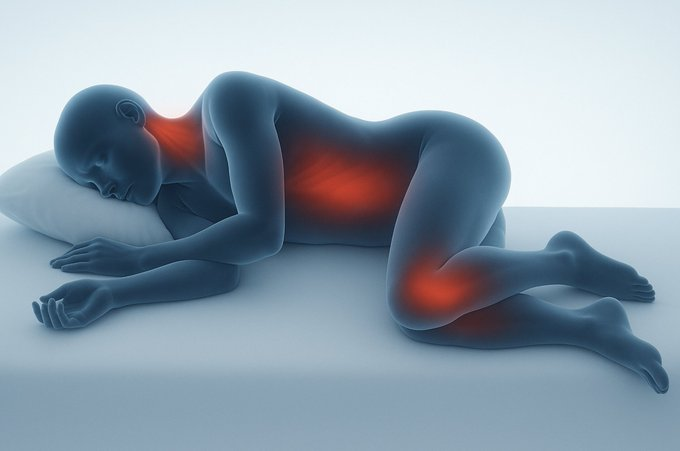 Millones de personas duermen de lado.  🛌💤

Y no tienen ni idea de que, sigilosamente, les está dañando las articulaciones y los músculos.  

Pero "dormir boca arriba" es un pésimo consejo para la mayoría.  

Un hilo sobre los riesgos de dormir de lado y cómo recuperar tu