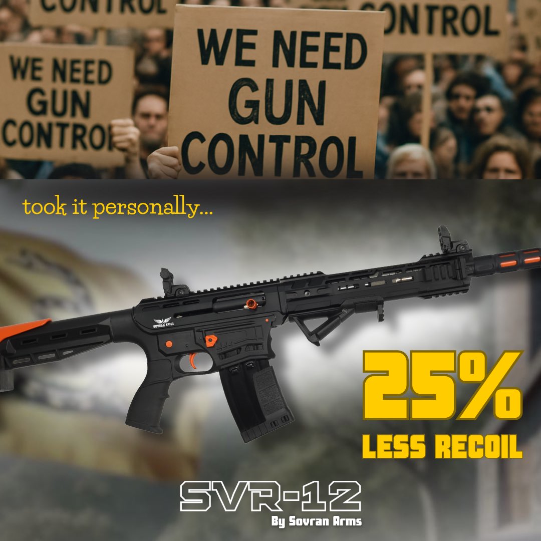 sovranarms's tweet image. We kept seeing too many “Gun Control” signs everywhere…
Took us a while to realize they meant controlling the gun while shooting.

So Sovran Arms designed the SVR-12.
25% less recoil with heavy 12 GA loads.

✅Problem solved.