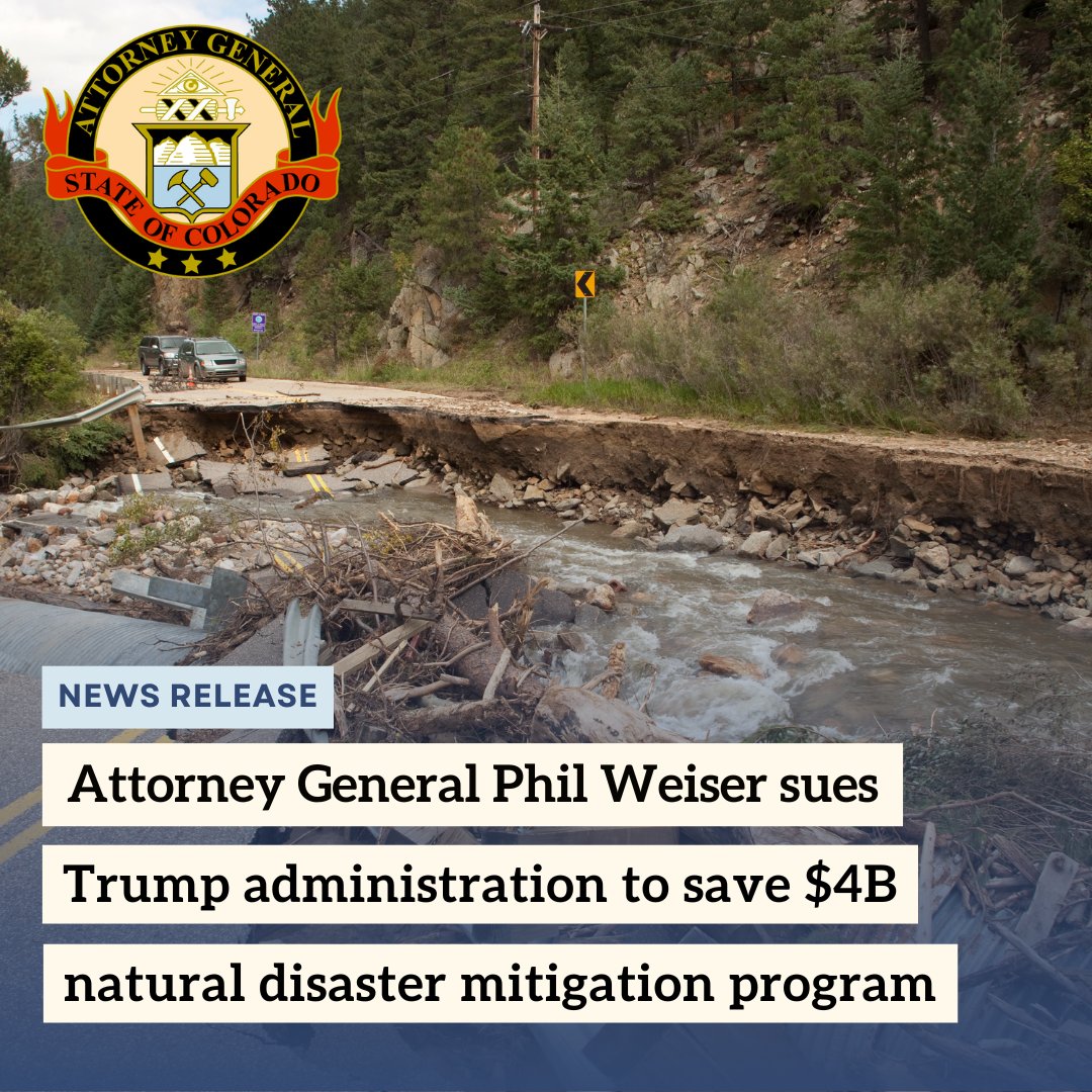 COAttnyGeneral's tweet image. For 30 years, the Building Resilient Infrastructure and Communities program has helped protect communities from natural disasters before they strike. The Trump administration abruptly terminated it, and AG Weiser is suing to reverse that unlawful decision: bit.ly/3GQO9ml