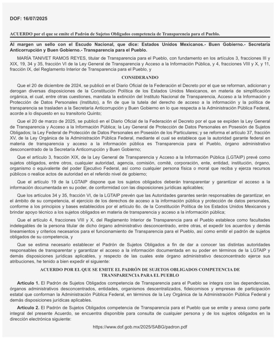 📰 Hoy se publica en el #DOF el Acuerdo que da a conocer el #Padrón de #SujetosObligados en materia de #Transparencia para el Pueblo.

Consulta el texto completo aquí 👇
🔗 dof.gob.mx/nota_detalle.p…

#Transparencia #ResponsabilidadesAdministrativas