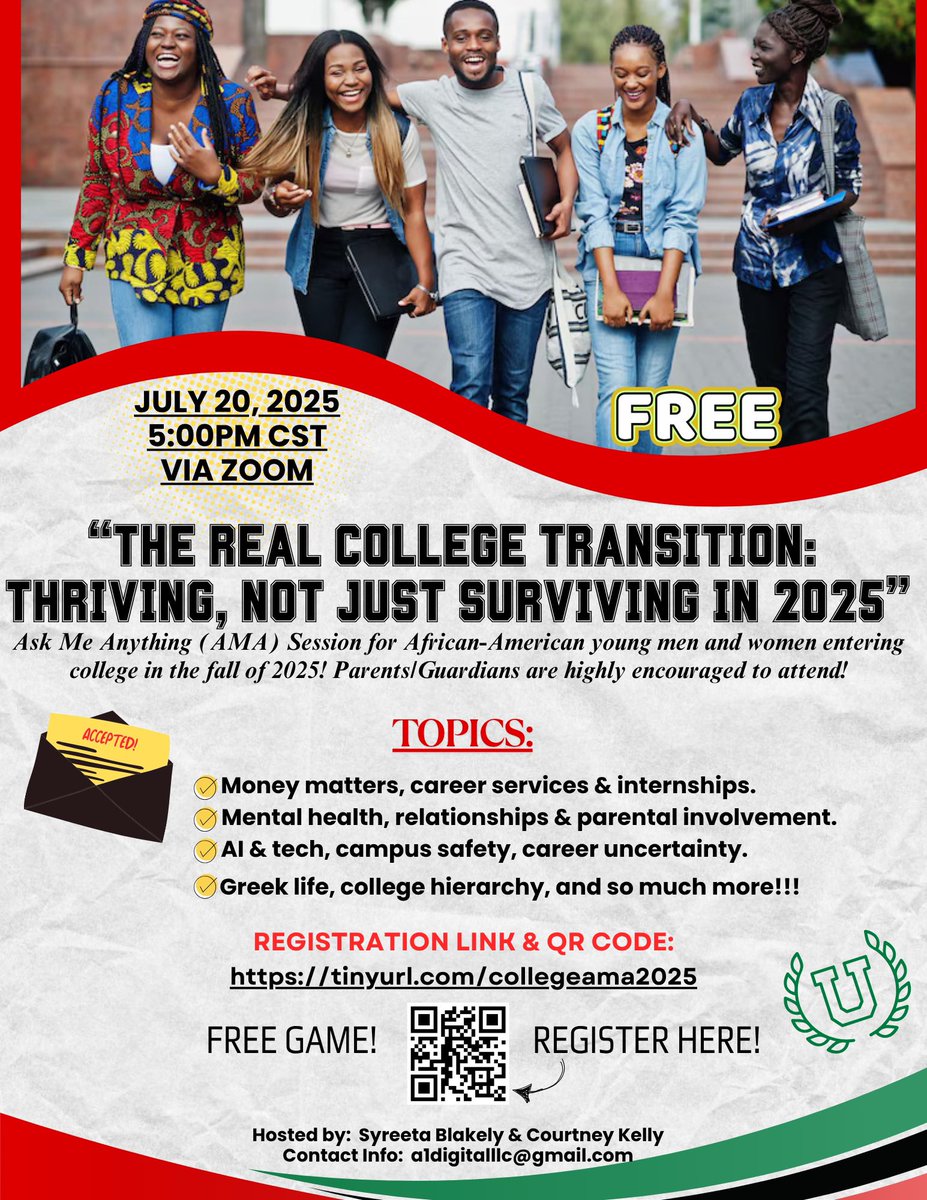 sblakely2024's tweet image. 🎓 Class of 2025 Parents & Students!
Join us July 20 @ 5PM CST for The REAL College Transition – a FREE Zoom on 💰money, 🧠mental health, 🤖tech safety, 🏛️Greek life & more.
AMA-style! Ask your burning questions!
🔗 tinyurl.com/collegeama2025
#CollegeReady2025 #BlackExcellence