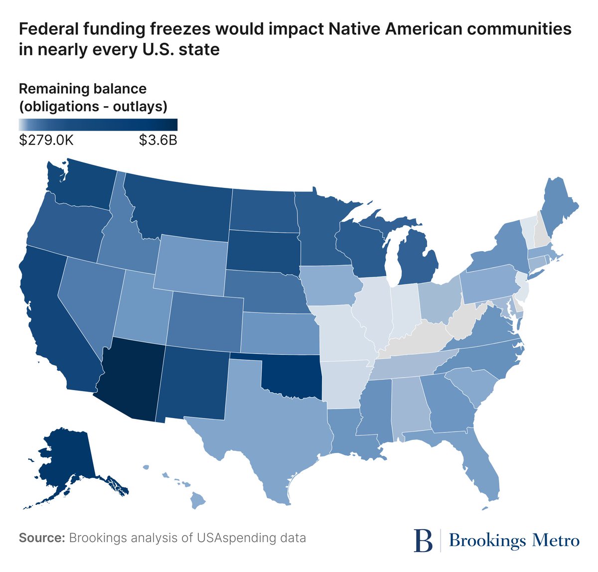 BrookingsMetro's tweet image. Nearly all Tribes would be affected by a federal grant freeze, with many facing the prospect of losing tens or even hundreds of millions of dollars, @robmaxim & @GlencoraH say. brookings.edu/articles/a-fed…