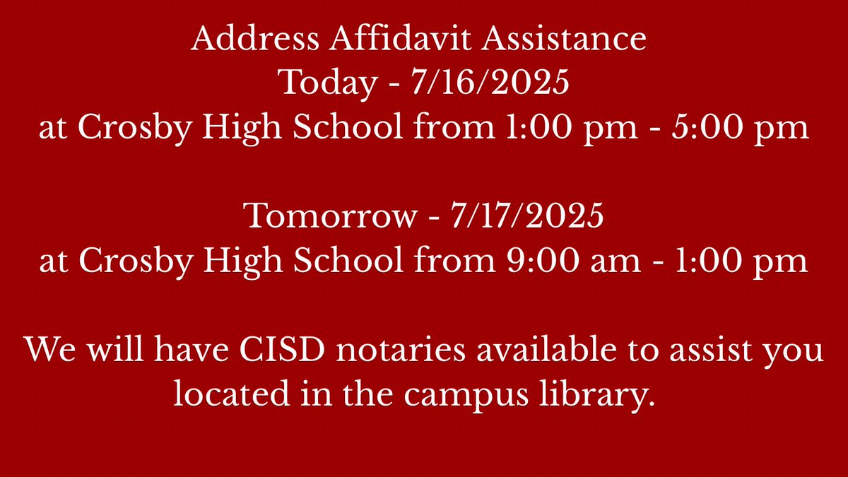 CrosbyISD's tweet image. Parents, if you need help completing an address affidavit, we’re offering office hours before our campus registrars return on Monday.
Join us in the Crosby High School Library at the times listed below.
#CommittedToStudents