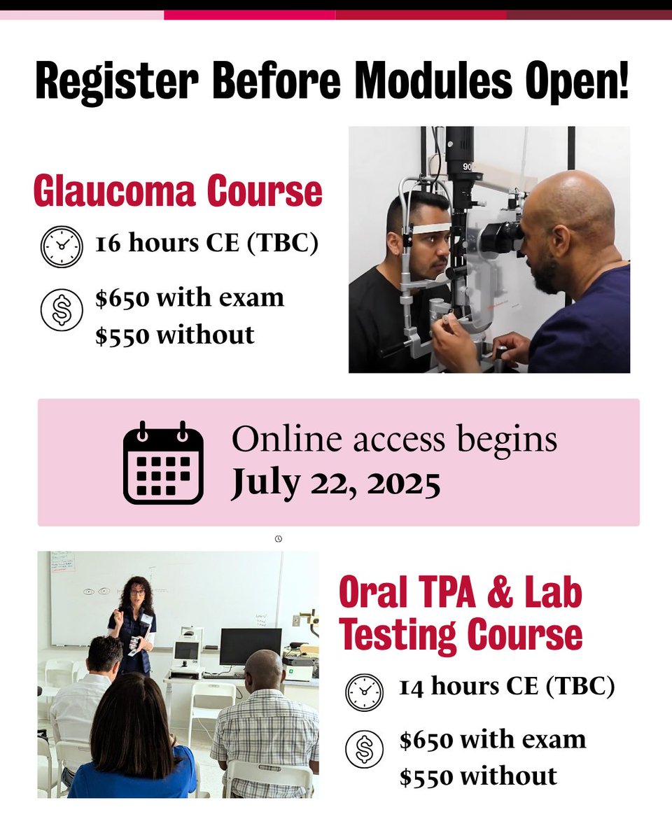 UwOptometry's tweet image. Online glaucoma & oral prescribing modules open July 22.
Learn at your own pace, then join live-virtual lectures Sept 19–20.
Earn up to 30 CE hours and save $150 with code TAKE2.
Register: bit.ly/3GG8pXE