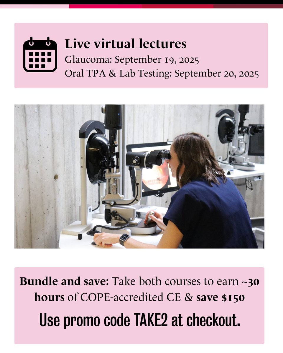 UwOptometry's tweet image. Online glaucoma & oral prescribing modules open July 22.
Learn at your own pace, then join live-virtual lectures Sept 19–20.
Earn up to 30 CE hours and save $150 with code TAKE2.
Register: bit.ly/3GG8pXE