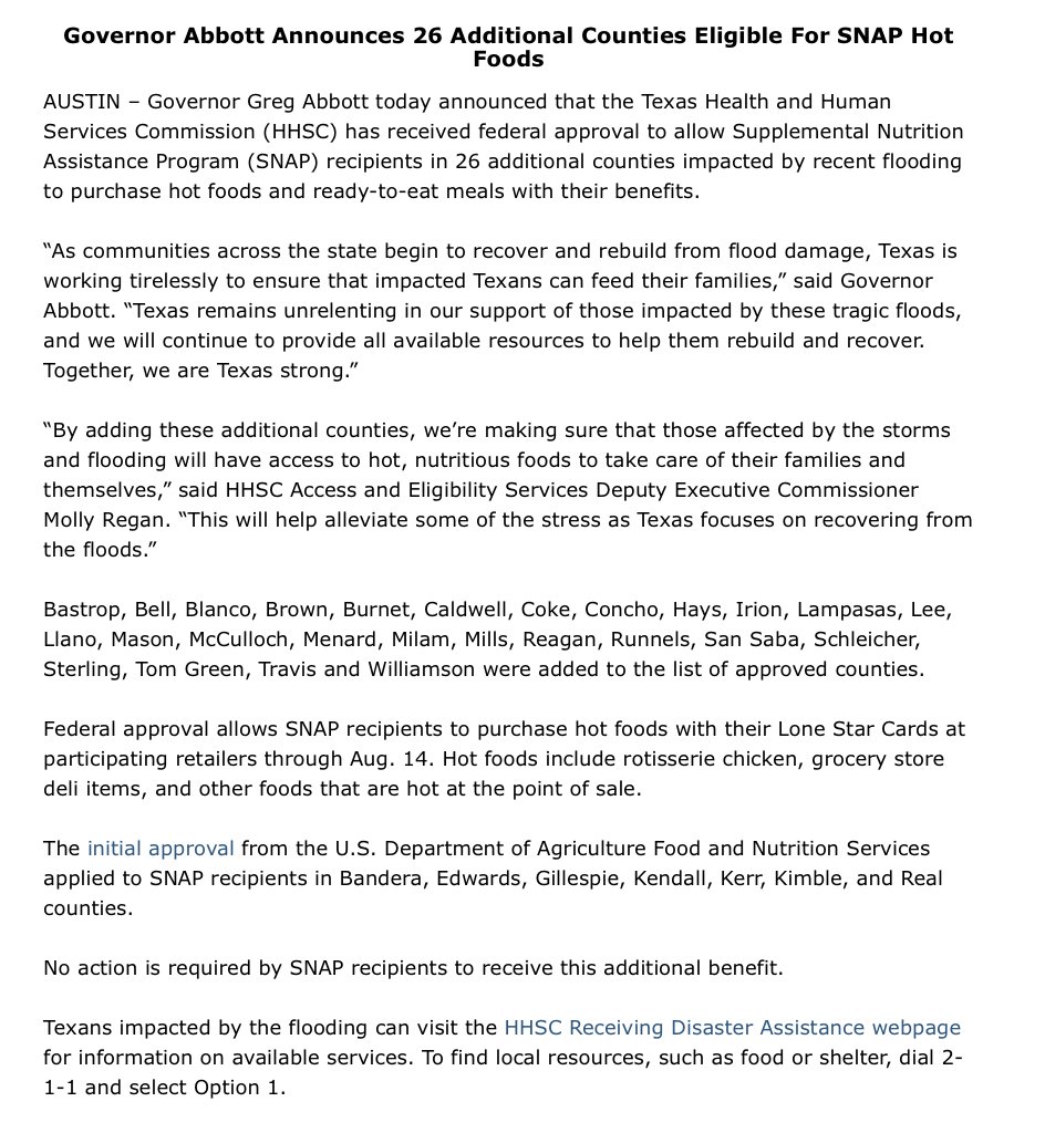 GovAbbottPress's tweet image. Governor @GregAbbott_TX today announced that Texans in 26 more counties are eligible to use their SNAP benefits to purchase hot foods.
Texas will continue to provide all available resources to help families rebuild after devastating flooding.
More: bit.ly/4nPozia