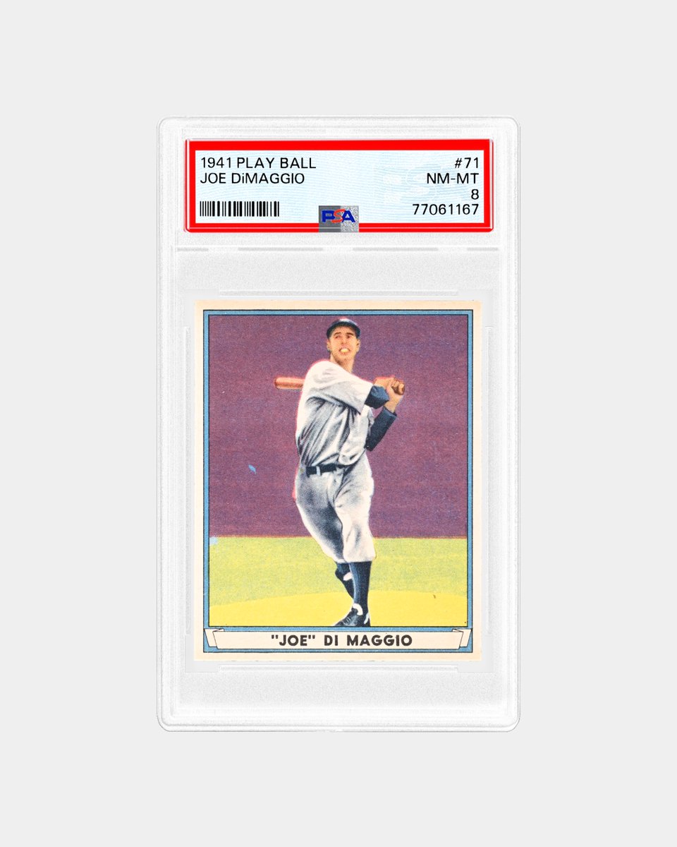 PSAcard's tweet image. On this day in 1941, DiMaggio capped his 56-game hitting streak with a 3-for-4 flourish—and is there a more unbreakable sports record?
Timed with his legendary season was the third and final release of the Play Ball series, featuring a 72-card checklist, Art Deco styling, and…