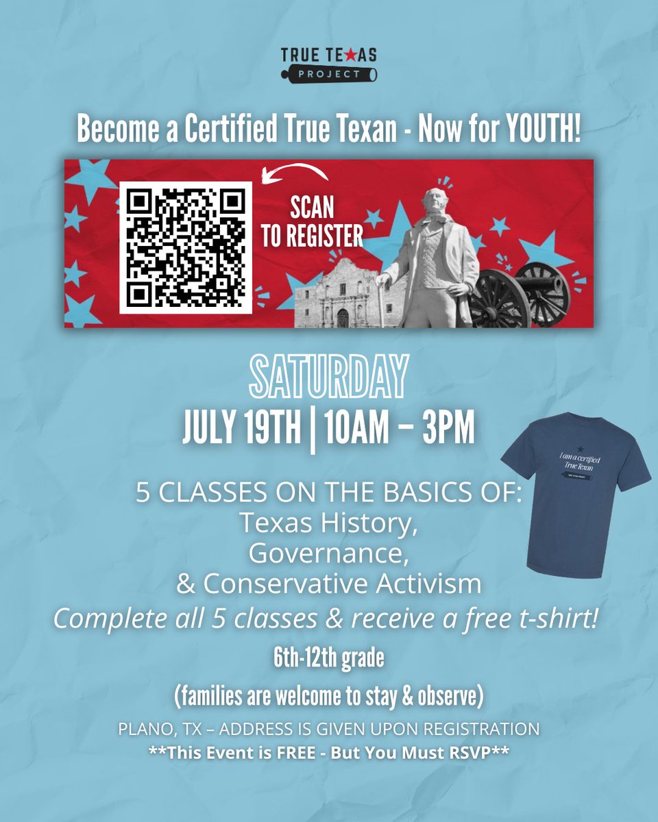heyjuliesue's tweet image. Last call! This happens Saturday in Plano. And -- BONUS -- Patriot Academy has just offered to give 3 students at our certification training a $750 scholarship to their National Leadership Congress!!! Please share this with anyone you know who has teens!
@TrueTXProject…