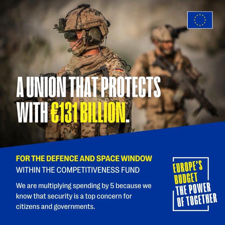 EU proves that defence is the most important strategic priority.  

We propose to allocate €131 bn to defence, security and space projects within the European Competitiveness Fund. 

It’s 5X more than in today’s budget. 

This is a real deterrence! 

🇪🇺will be defence-ready!