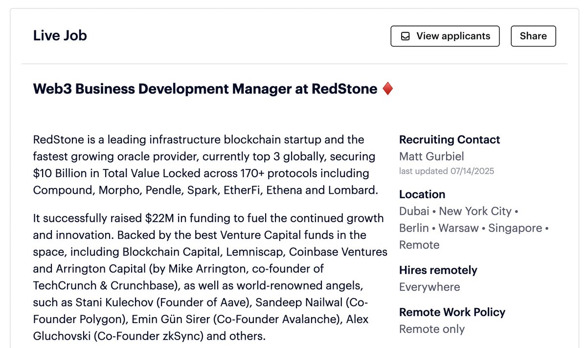 Matt Gurbiel | real-time oracle arc ⚡ (@mattgurbiel) on Twitter photo We're hiring for my BD team at <a href="/redstone_defi/">RedStone ♦️</a>
What you'll get:
· Work with a team obsessed with execution speed (we move like great white sharks 🦈)
· Learn from senior talent while building the future of blockchain oracles
· Thrive in our radically transparent culture with We're hiring for my BD team at <a href="/redstone_defi/">RedStone ♦️</a>
What you'll get:
· Work with a team obsessed with execution speed (we move like great white sharks 🦈)
· Learn from senior talent while building the future of blockchain oracles
· Thrive in our radically transparent culture with