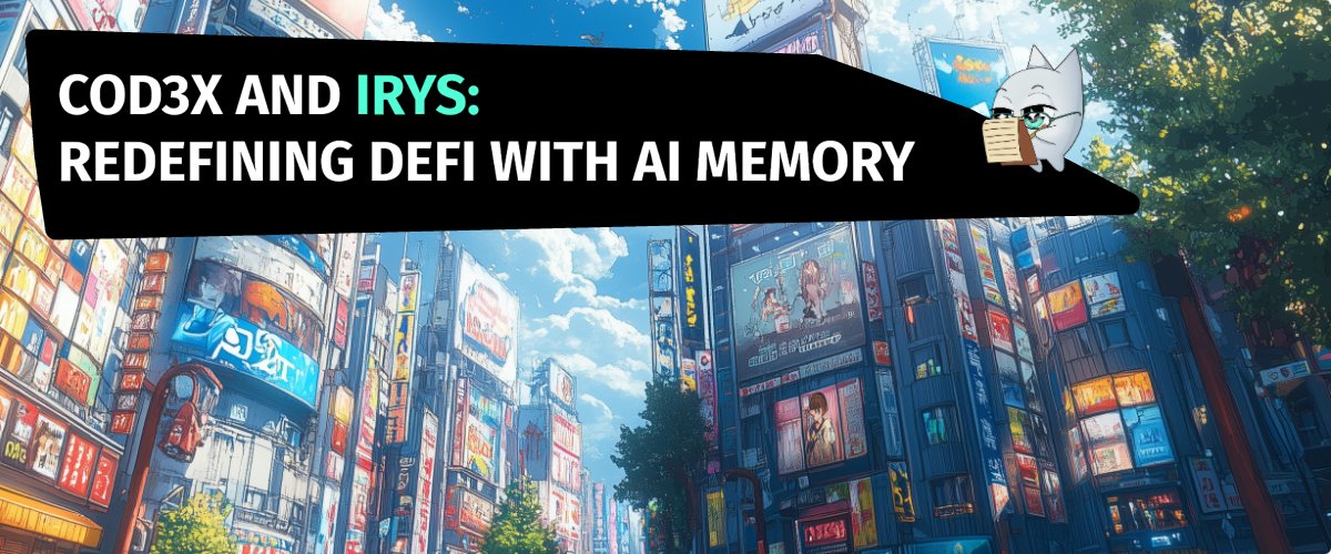 DeFi.NinJa | Elijah ๐ง๐ป ๐ (@elijahcrypted) on Twitter photo Cod3x and <a href="/irys_xyz/">Irys (โงแดโง)</a> โ Redefining DeFi with AI Memory
DeFi has long been stuck in reactive mode, with traders and strategies stumbling over a lack of memory.
Enter the Cod3x and <a href="/irys_xyz/">Irys (โงแดโง)</a> partnership - situation thatโs turning this weakness into strength ๐ก๏ธ
Cod3xโs AI agents Cod3x and <a href="/irys_xyz/">Irys (โงแดโง)</a> โ Redefining DeFi with AI Memory
DeFi has long been stuck in reactive mode, with traders and strategies stumbling over a lack of memory.
Enter the Cod3x and <a href="/irys_xyz/">Irys (โงแดโง)</a> partnership - situation thatโs turning this weakness into strength ๐ก๏ธ
Cod3xโs AI agents