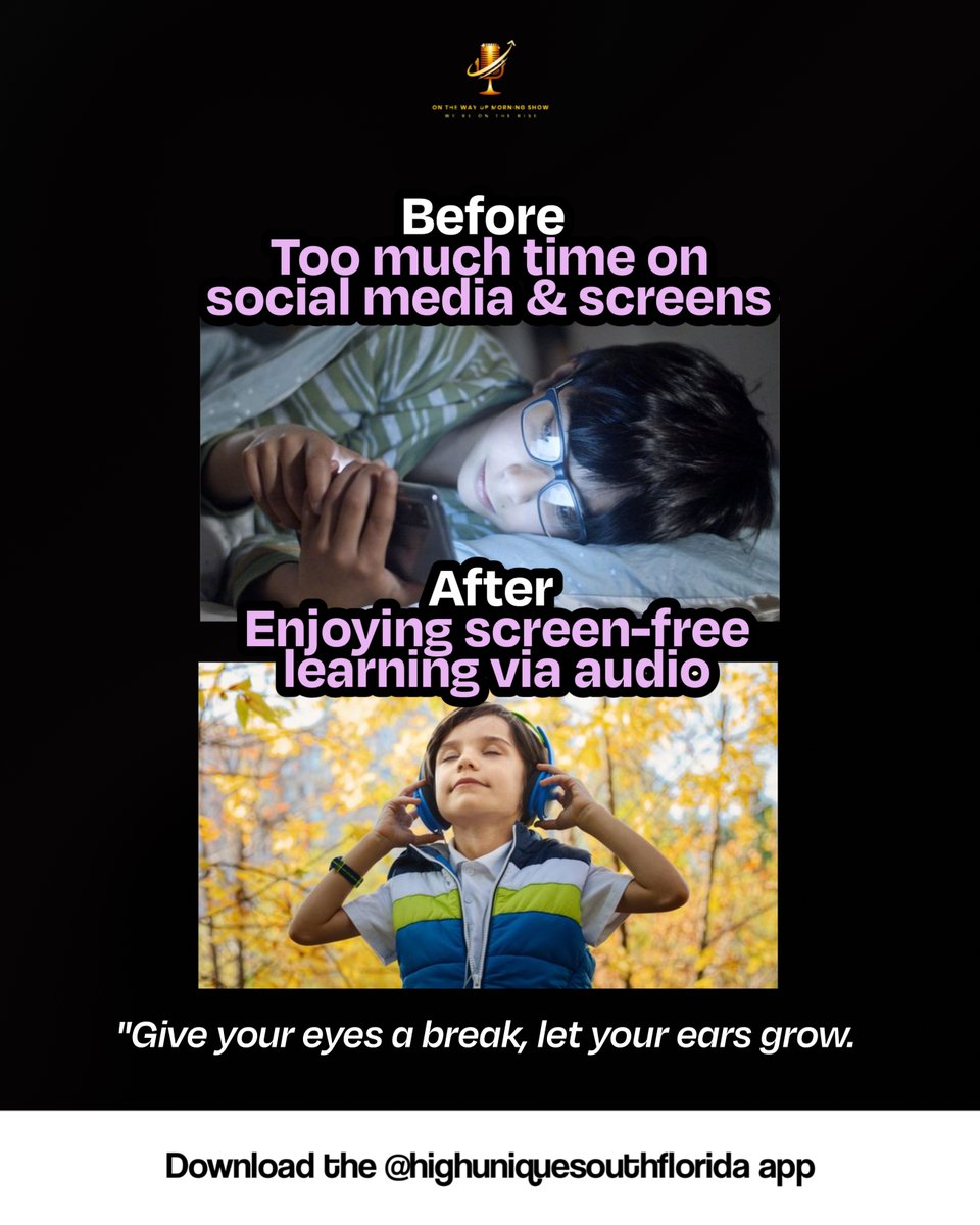 UpOntheway's tweet image. Too much time on screens? With On The Way Up Show, you can enjoy learning through audio. Give your eyes a break and let your ears grow smarter. Give your eyes a break, let your ears grow. 🎧
 #ScreenFree #PodcastLife #AudioLearning #ListenAndLearn #DigitalDetox #BeforeAndAfter