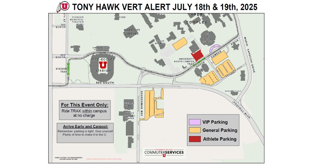 If you're looking for parking information for Tony Hawk's Vert Alert, look no further! Please keep this map in mind as you commute to campus for the event. 

Reminder: the UTA TRAX Red Line is CLOSED for construction during Vert Alert.
