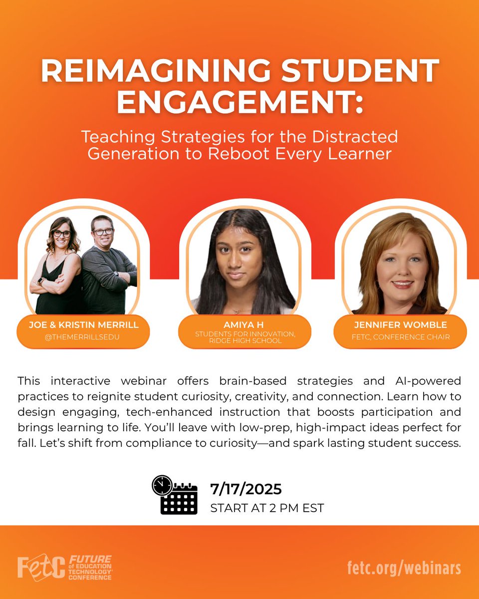 themerrillsedu 👓👗💚 #interACTIVEclass (@themerrillsedu) on Twitter photo Do you have students who are easily distracted? 👀
Are you looking for some refreshing strategies for the new year? ⚡️🧠
Then join us for the next @FETC webinar! ⤵️
🗓️ Thursday, July 17, 2025
⏰ 2:00 PM ET
🔗 Registration: event.on24.com/wcc/r/5000646/…
<a href="/JenWomble/">Jennifer Womble →#FETC Jan. 11-14, 2026</a> <a href="/AlanaWinnick/">Alana Winnick</a> Do you have students who are easily distracted? 👀
Are you looking for some refreshing strategies for the new year? ⚡️🧠
Then join us for the next @FETC webinar! ⤵️
🗓️ Thursday, July 17, 2025
⏰ 2:00 PM ET
🔗 Registration: event.on24.com/wcc/r/5000646/…
<a href="/JenWomble/">Jennifer Womble →#FETC Jan. 11-14, 2026</a> <a href="/AlanaWinnick/">Alana Winnick</a>
