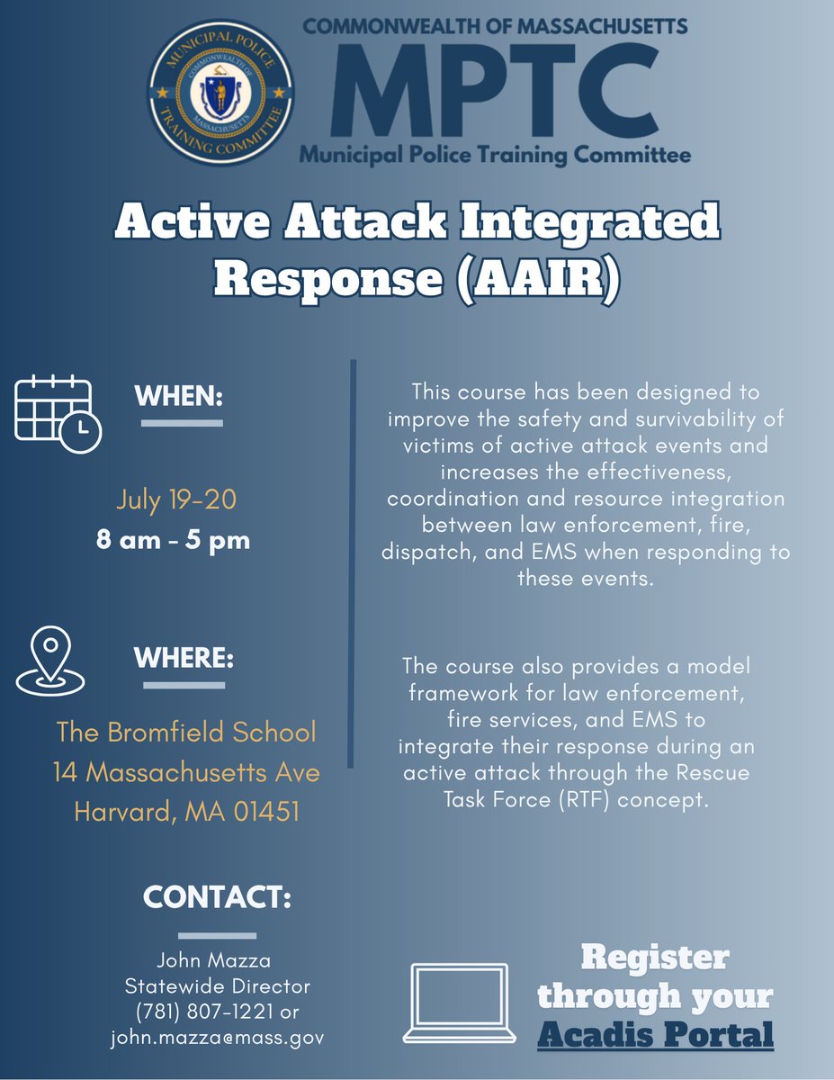 MassMPTC's tweet image. 🚨 Attention Officers! 🚨 Seats Available for our "Active Attack Integrated Response (AAIR)" course!
Sign up now through your Acadis portal:
mass.gov/mptc-acadis-tr…