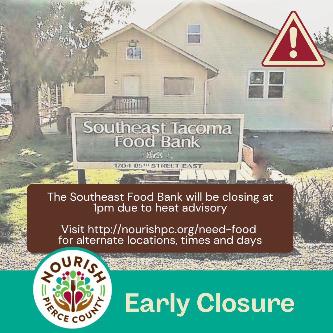 The Southeast Food Bank will be closing earlier today, at 1pm, due to the heat advisory. Please see our website if you are needing a different option: nourishpc.org/need-food/