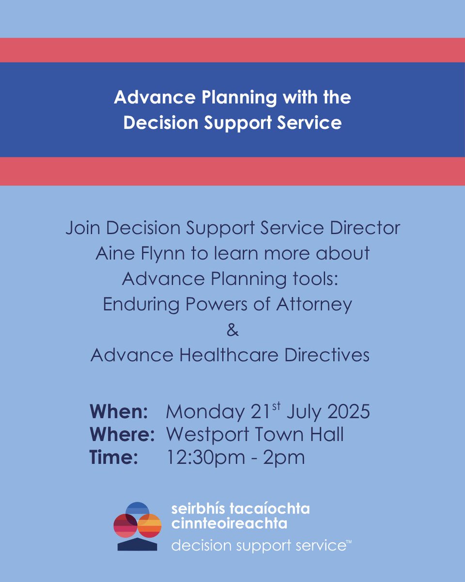 DSS Director Aine Flynn, in association with the Westport Active Retirement, will explain Enduring Powers of Attorney and Advance Healthcare Directives on Monday 21st July 2025 in Westport Town Hall. All are welcome to attend the event from 12:30-2pm

👉 ow.ly/6x5l50WqBG4