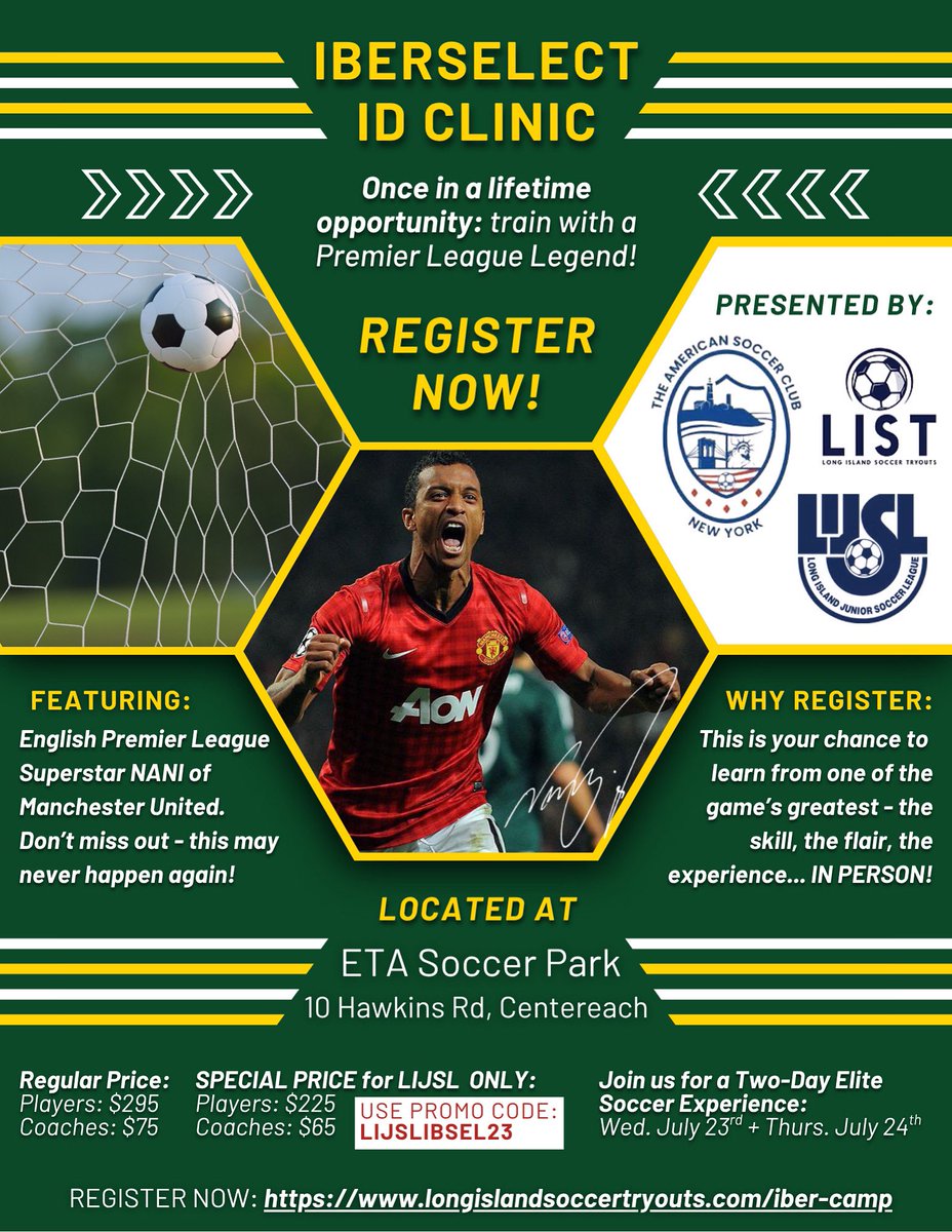ASCNewYork's tweet image. ⚽ A World-Class Soccer Development Experience – Right in Your Backyard!
Don’t miss your chance to train like the pros at the IberSelect ID Camp!
🌟 Special guest appearance by Manchester United legend Nani!
This is your opportunity to:
•Showcase your talent
•Train with elite…