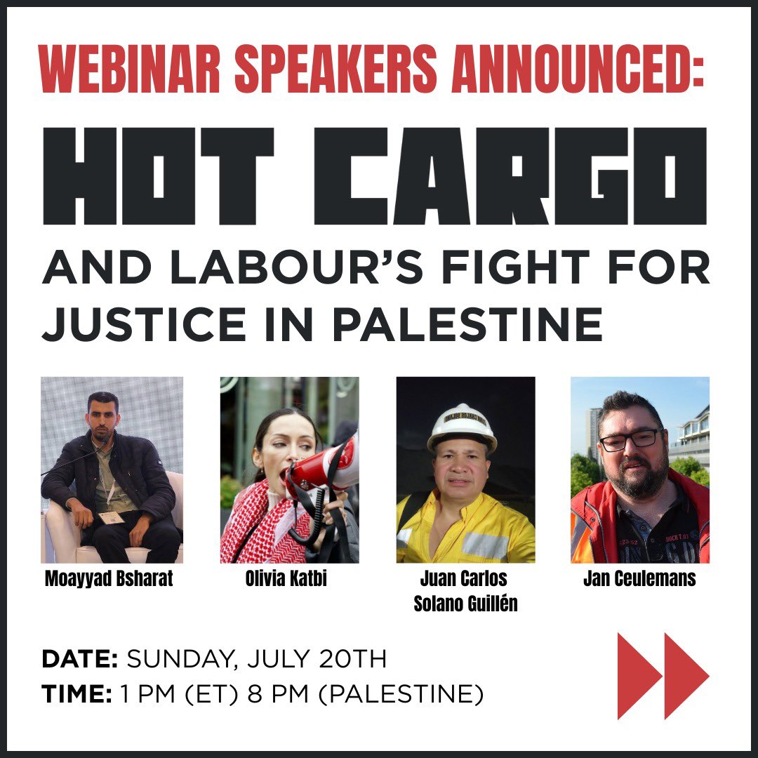 PalestineLabour's tweet image. We’re excited to announce our distinguished speakers for the Hot-Cargo Kills webinar.
Our panelists will share key insights on the growing workers’ solidarity movement w Palestine & importance of Hot Cargo declaration by unions.
Be sure to register, share, and attend #canlab