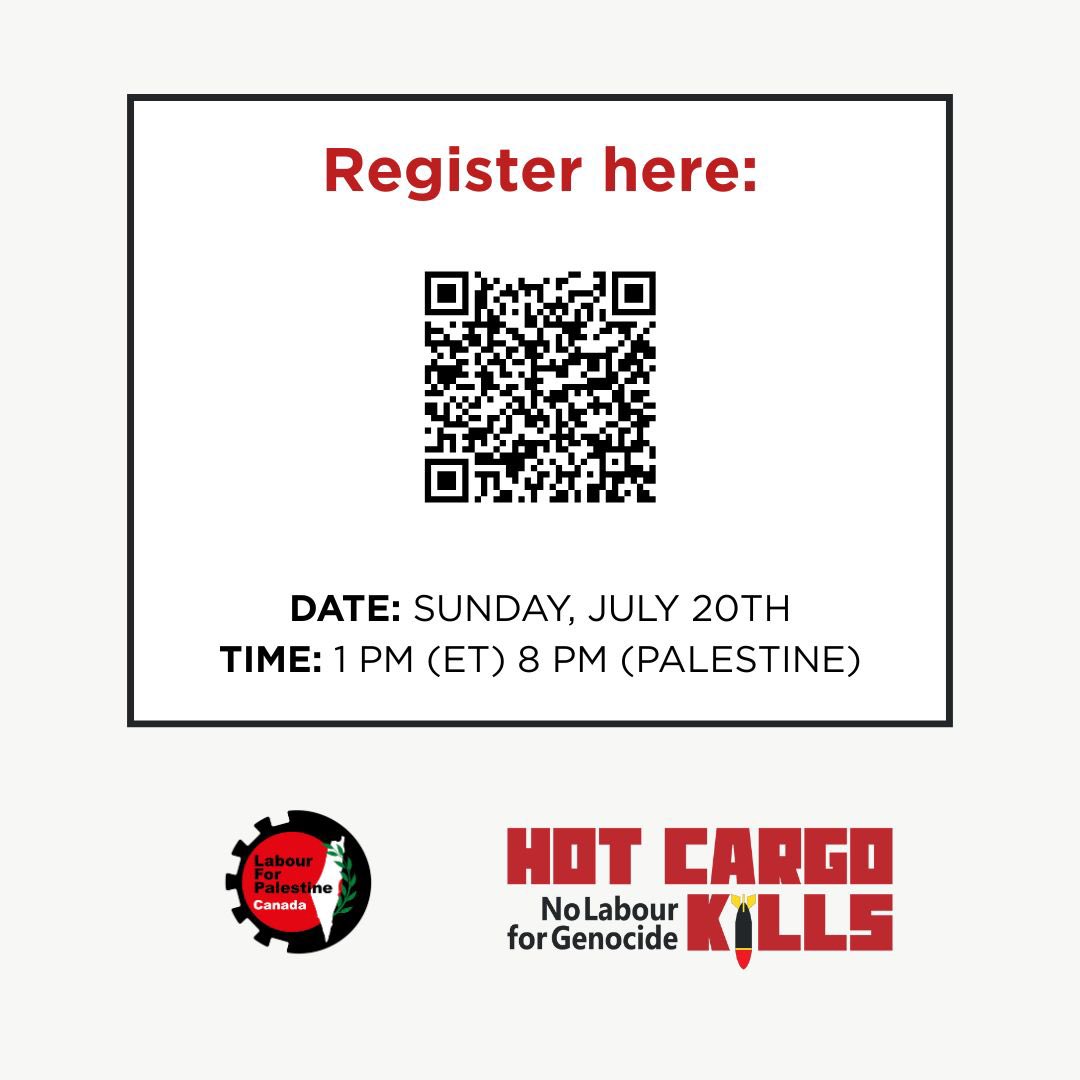 PalestineLabour's tweet image. We’re excited to announce our distinguished speakers for the Hot-Cargo Kills webinar.
Our panelists will share key insights on the growing workers’ solidarity movement w Palestine & importance of Hot Cargo declaration by unions.
Be sure to register, share, and attend #canlab
