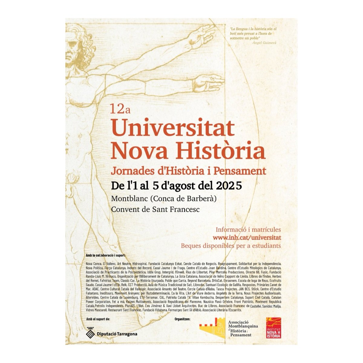 Nova Història (@inhcat) on Twitter photo A més de les ponències i de les presentacions de llibres, la XII Universitat Nova Història, que tindrà lloc a Montblanc de l'1 al 5 d'agost de 2025, us proposa la visita al celler <a href="/RendeMasdeu/">Celler Rendé Masdéu</a> o un tast de formatges i melmelades de la Conca de Barberà:
inh.cat/universitat/ A més de les ponències i de les presentacions de llibres, la XII Universitat Nova Història, que tindrà lloc a Montblanc de l'1 al 5 d'agost de 2025, us proposa la visita al celler <a href="/RendeMasdeu/">Celler Rendé Masdéu</a> o un tast de formatges i melmelades de la Conca de Barberà:
inh.cat/universitat/
