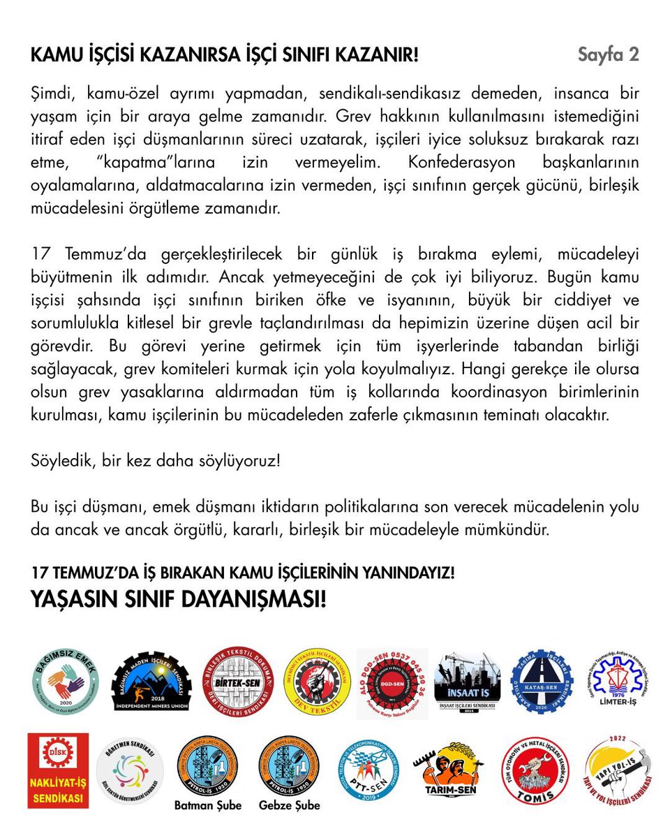 ▪️17 Temmuz’da iş bırakan kamu işçilerinin yanındayız! 

Yaşasın sınıf dayanışması!