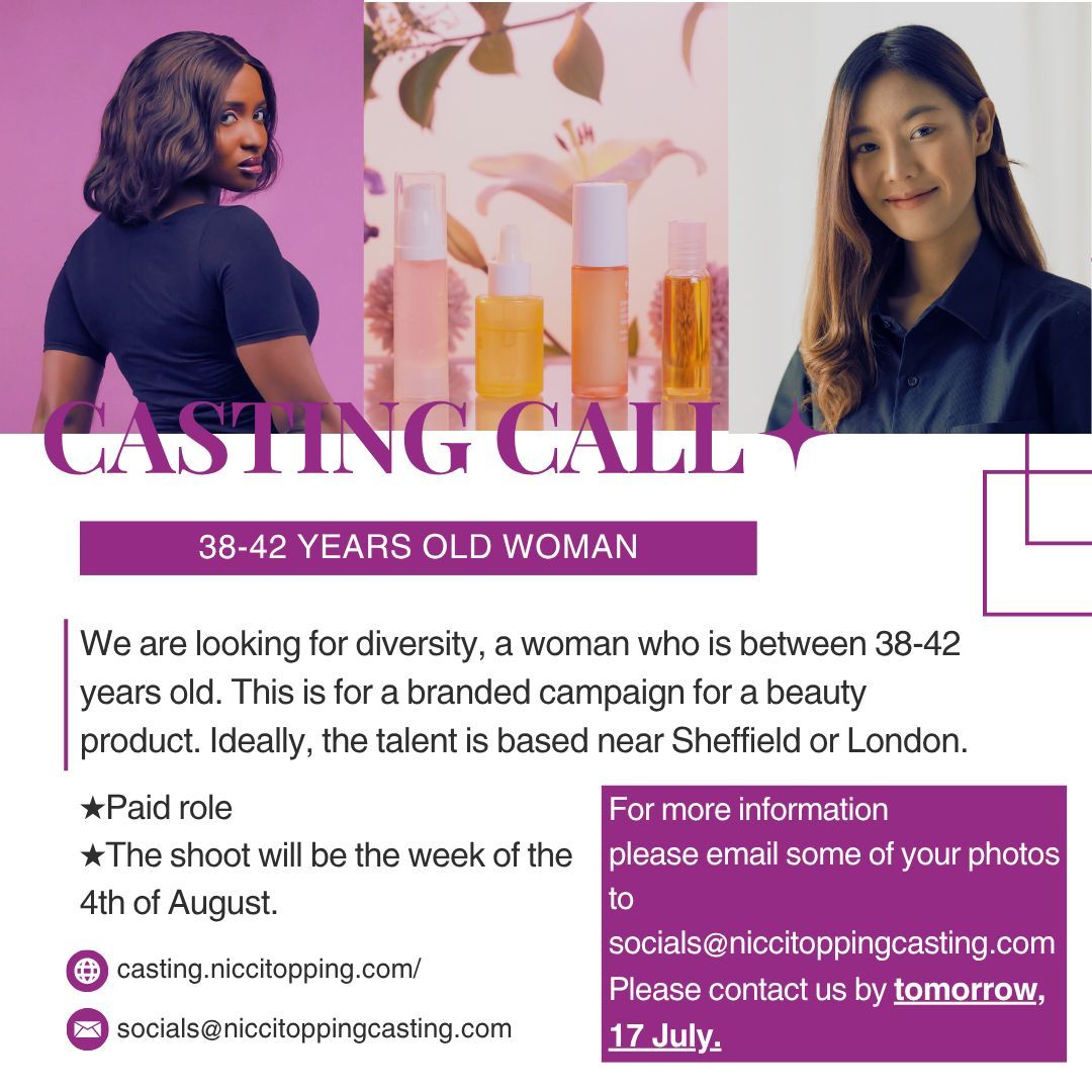 niccitopping's tweet image. 🚨Urgent Casting Call🚨
We are looking for diversity, a woman who is between 38-42 years old for a branded campaign of a beauty product.
Please contact us via email by tomorrow, 17 July.
#casting #castingcall #beauty #beautyproduct #campaign #femalemodel #30s #40s