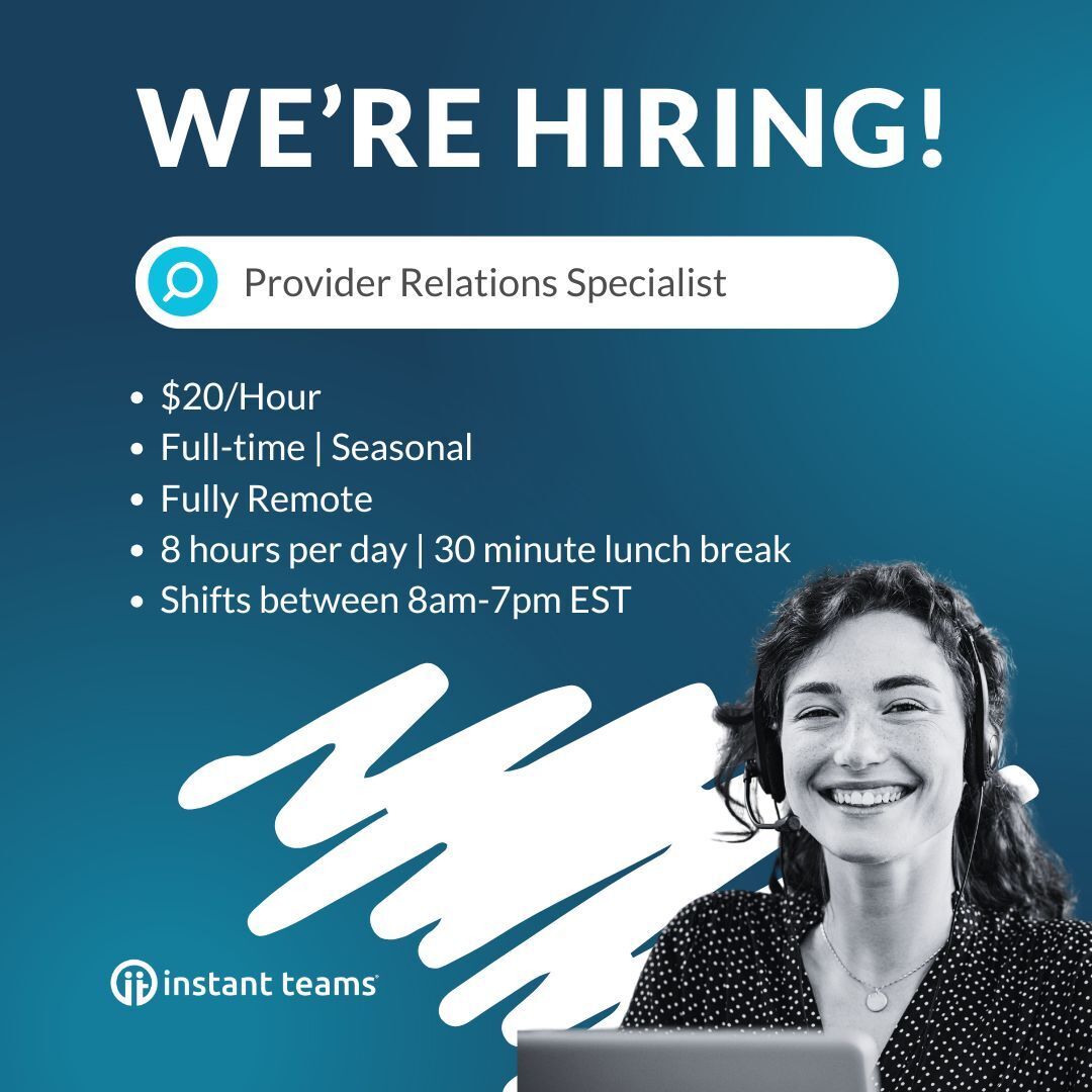 ✨HOT NEW JOB ✨

We're hiring Provider Relations Specialists. 

See full details and apply now: hubs.la/Q03xvN300

#applynow #hiring #customersupport #customerexperience #cx #remotework #remotejobs #militaryspousetalent #militaryspousehiring #instantteams #aepramp #aep
