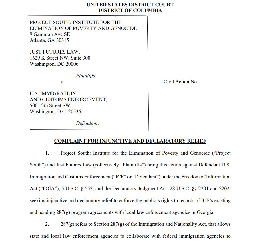 Azadeh Shahshahani (@ashahshahani) on Twitter photo Along with <a href="/JustFuturesLaw/">Just Futures Law</a>, we just filed a federal lawsuit against ICE for refusing to release information about existing and pending 287(g) agreements with local law enforcement in Georgia.
Abolish ICE! Along with <a href="/JustFuturesLaw/">Just Futures Law</a>, we just filed a federal lawsuit against ICE for refusing to release information about existing and pending 287(g) agreements with local law enforcement in Georgia.
Abolish ICE!