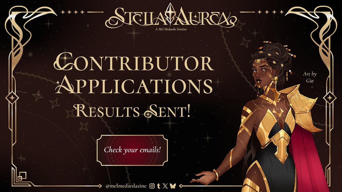 melmedardazine's tweet image. ✨ CONTRIBUTOR APP RESULTS SENT! 💫
Sending out invitations is quite the ordeal! Don't fret though, Elora has managed to deliver them swiftly and securely!
Thank you once more to everyone who took the time to apply to Stella Aurea! 🥂✨